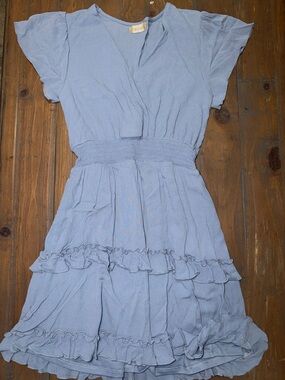 Blue Wrap-Style Ruffle Waist Dress